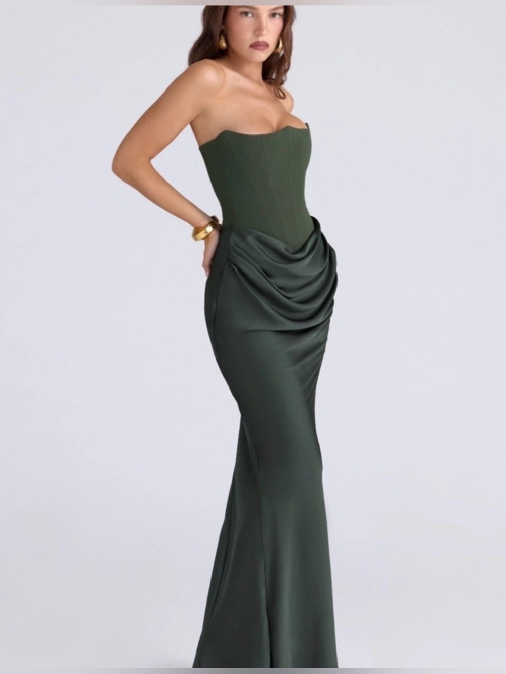 House of CB “Persephone” Corset Gown in Emerald Green with Draped Hip Detail